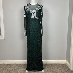 Vtg Scala Gown Large Green Silk Beaded Sequin Lined Gala Party Event Glam Dress